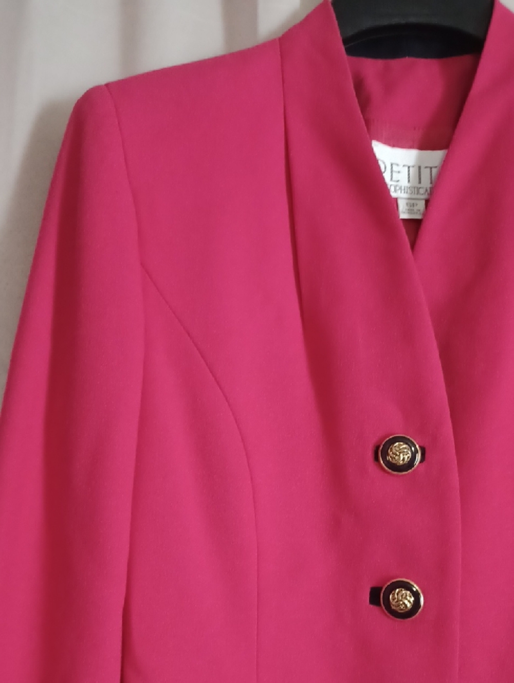 Petite Sophisticate Hot Pink Power Dressing Blazer Contrast Black Cuffs 80s Glam - Picture 4 of 14